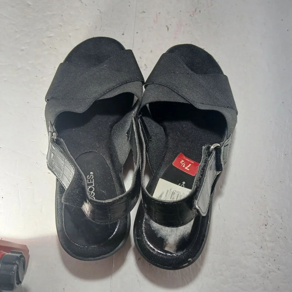Aerosoles Badlands Wedge Sandals 7.5 Black Faux Croc Slingback Comfort Shoes